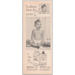 1956 Johnsons Babypuder und Babyöl Vintage DRUCKANZEIGE Scheuerschutz Safe Guard - Bild 1 von 1