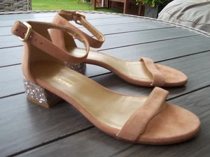 STUART WEITZMAN HERMOSAS SANDALIAS DE GAMUZA BEIGE CON TACONES BRILLANTES TALLA US 8 UK 6 - Imagen 1 de 10