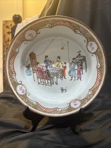 Early 1800s Chinese Export Porcelain Court Scene Figural Bowl 9 In Old Repair - Picture 1 of 14