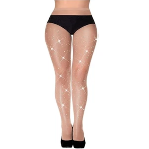 NUDE FISHNET TIGHTS Rhinestone Sparkle FAUX Gems Diamante NETS ONE SIZE Medium - Picture 1 of 1
