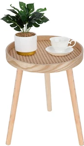 Small Side Table, Rattan Nightstand, round End Boho Bedside Accent Mid-Century M - Picture 1 of 7