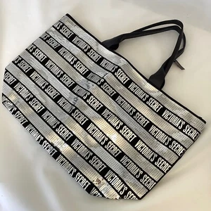 Victoria’s Secret Large Silver Sequin Striped Shopper Tote Weekend Bag - BNWT - Picture 1 of 6