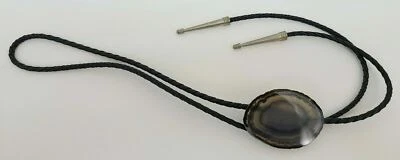 Corbata Western Bolo Tono Plata Ágata Azul Pulido Cuero Tejido Negro De Colección 18.5" Foto 1 de 4