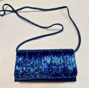 La Regale Blue Satin Beaded Purse - Picture 1 of 7