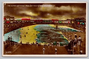 RPPC New Brighton, UK - Super Bathing Pool - Night View, Full Moon 1945 Postcard - Picture 1 of 3