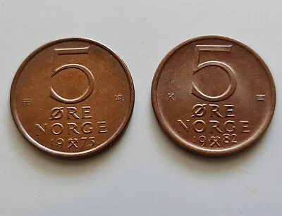 COIN VINTAGE AUTHENTIC LOT OF 2 NORWAY 5 ORE 1973 1982 - Image 1 of 2
