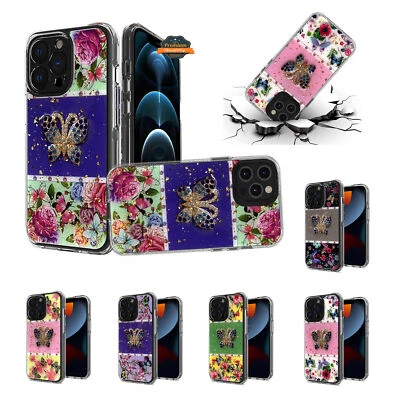 For Apple iPhone SE 3 2022 /SE/8/7 Glitter 3D Butterfly Floral Hybrid Case Cover - Image 1 of 4