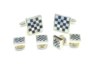 USA MADE Real Black Onyx Mother of Pearl cufflinks studs Checkerboard Pattern - Picture 1 of 2