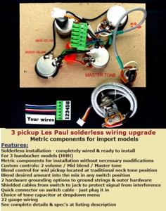 Les Paul - 3 pastillas actualización de cableado sin soldadura - componentes métricos para adaptarse a las importaciones - Imagen 1 de 7