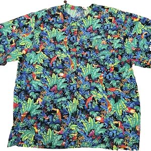 Unbranded Tropical Shirt Collarless Short Sleeve Button Pocket Parrot Jungle - Picture 1 of 9