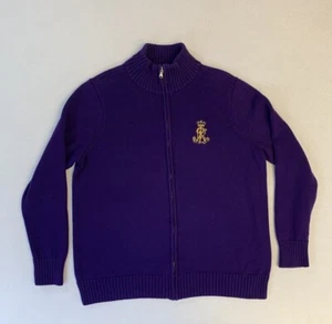 Lauren Ralph Lauren Sweater Cardigan Womens 1X Full Zip Purple Knit Gold Crown - Picture 1 of 9