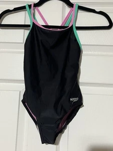 Girls Speedo Swim Suit Size 5 black with pink lining teal trim - Picture 1 of 4
