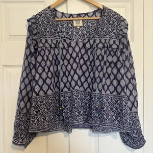 Women’s Alicia Bell Ruffle Printed Sheer Blue Top Size Large - Bild 1 von 7