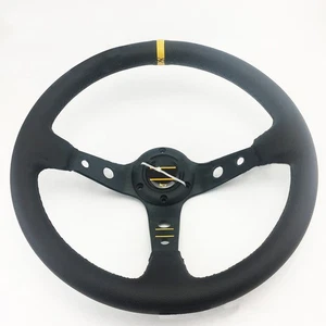 Leather 14'' 350mm Black Universal Deep Dish 6 Bolt Racing Steering Wheel - Picture 1 of 5
