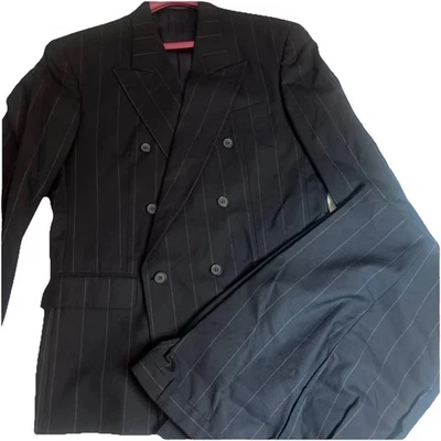 Traje eléctrico vintage Hugo Boss a rayas doble pecho 42 pantalones regulares 32x29 negro Foto 1 de 4