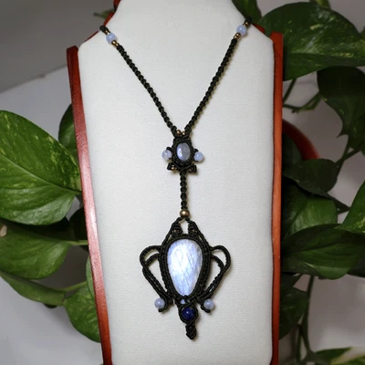 Лунное свечение ~ натуральный радужный лунный камень ручной работы микро макраме Y-капля драгоценный камень ожерелье - Изображение 1 из 4