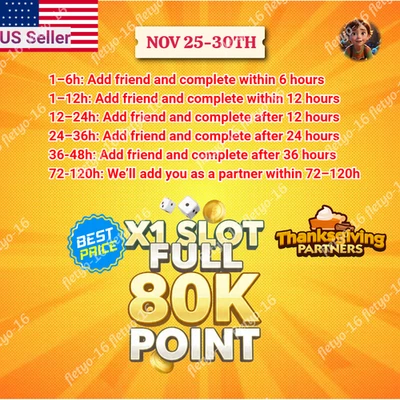 Thanksgiving Partner EVENT FULL CARRY 80K POINTS MONOPOLY GO⭐SUPER CHEAP⚡FASTEST - Image 1 of 2