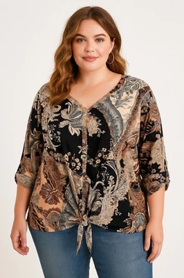 Dressbarn 1 X пейсли богемное кнопка спереди блузка верхний галстук кромки рулон вкладка рукав богемное - Изображение 1 из 4