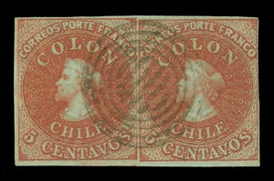 CHILE 1855 COLUMBUS 2d London(Perkins Bacon)5c brn Sc#8b IVORY HEAD VF/XF PAIR - Picture 1 of 2