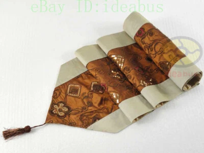 Dk brown 13"x78" Home Decor Sequins Embroidery Pattern Style Satin Table Runner - Image 1 of 4