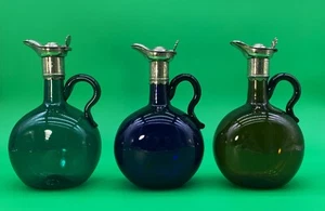 3 Bristol Blue Glass HAND-BLOWN GREEN BLUE BROWN DECANTER BOTTLE 19thc VICTORIAN - Picture 1 of 16