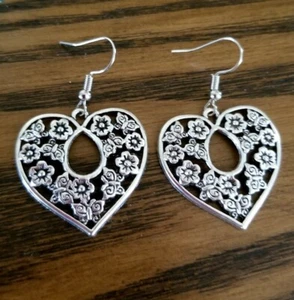 Silver Heart Earrings, Heart Dangle Earrings, Large Heart Earrings, Heart Jewelr - Picture 1 of 3