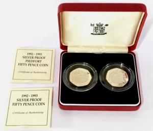 Juego de 2 monedas Piedfort de plata prueba CEE 50p Royal Mint 1992 1993 en caja con certificado de autenticidad S31 - Imagen 1 de 7