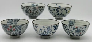 Japanese Ceramic Rice Bowls (5) 10.25cm Flower Style Ribbed Interior Indigo Grey - Bild 1 von 24