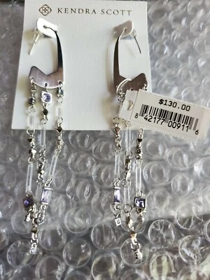 NWT Kendra Scott Silvertone Lilac Mix CORZA Long Fringe Statement Earrings $130 - Image 1 of 4
