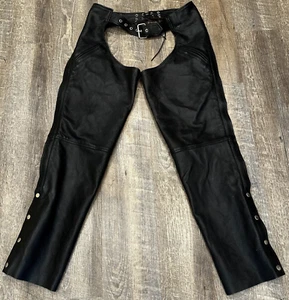 FMC Black Leather Motorcycle Chaps Zip Snap Leg Buckle Waist Back Tie Size Small - Picture 1 of 9