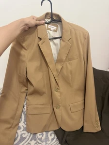 Merona Blazer Size 12 Womens Tan Shoulder Pads 2 Buttons - Picture 1 of 12