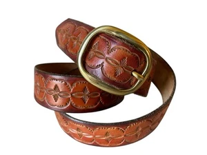 Big Tooled Leather Belt Starburst Diamonds Solid Brass Buckle Western Boho - Picture 1 of 6