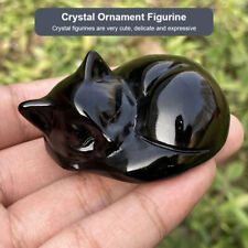 Smooth Black Obsidian Family Friends Sleeping Cat Statue Polished Crystal Stone