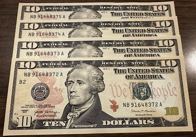 NEW Uncirculated TEN Dollar Bills SERIES 2017 $10 Sequential Notes Lot of 4 - Image 1 of 4