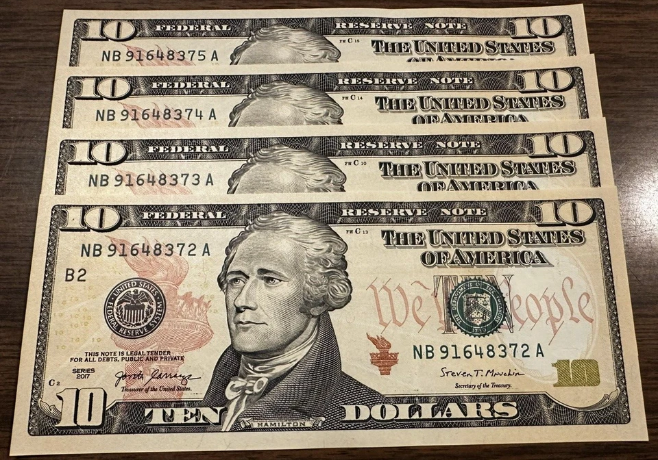 NEW Uncirculated TEN Dollar Bills SERIES 2017 $10 Sequential Notes Lot of 4 - Image 1 of 4