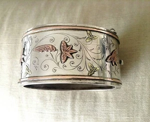 Antique Sterling Silver+ 14K Gold Victorian Wide Hand Etched Cuff Bracelet 43g - Picture 1 of 8