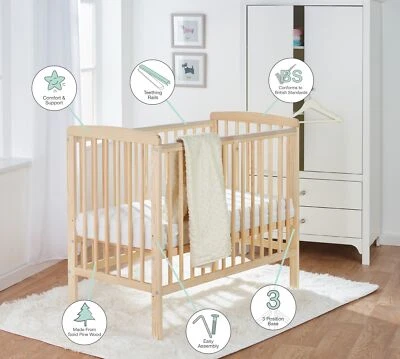 KINDER VALLEY Baby Compact Cot Natural | 3 Height Adjustable Space Saver Cot - Image 1 of 4