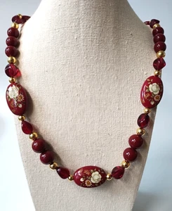 Collar Vintage Pintado Motivo Rosa Tono Rojo Cuentas Marcadas Japón 30" - Imagen 1 de 5