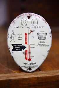 Vintage Weaver Bros Chicken Eggs Metal Farm Thermometer Sign Wire Basket RARE - Picture 1 of 6