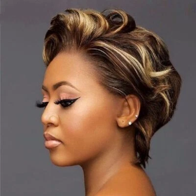 ATOZWIG Curly Highlight Short Pixie Cut Lace Front Human Hair Wigs for Black Women 13x1