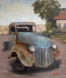 Original Oil Painting Truck Vintage Old  Rusty Car Ford Hotrod Impressionist - Picture 1 of 6