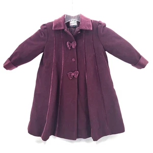 VTG ROTHSCHILD Girls Dress Coat Wool Burgundy Plum Velvet Button Lined Size 6 - Picture 1 of 4