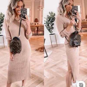 New Wayf Ribbed Knit Sweater Dress Midi Tan Cutout Tie Emily x Dede Size Large - Picture 1 of 12