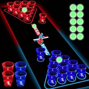  71 * 23inch Glow Beer Pong Table Mat Set, Glowing Portable Pong Set for Party 