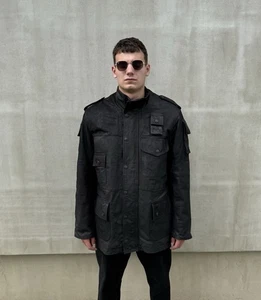 Barbour Men’s Leather Jacket Bushman Black Size L Multi Pocket Hunting Biker - Picture 1 of 24