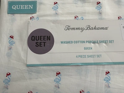 Tommy Bahama Queen Sheet Set 4pc Holiday  Aqua Flamingo with Santa Hat New - Image 1 of 2