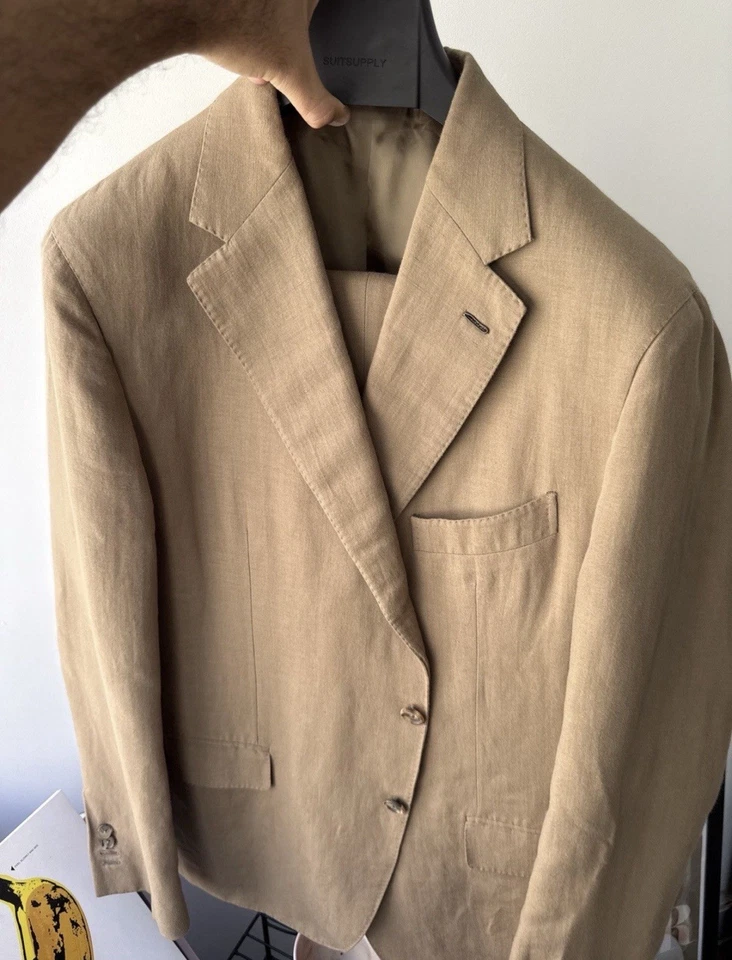 CARUSO Aida Italian Suit 56 IT 46 US Beige Tan Linen Cotton Made in Italy - Image 1 of 4