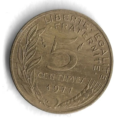 Moneda mundial de 5 céntimos de Francia 1977 - KM# 933 Foto 1 de 2