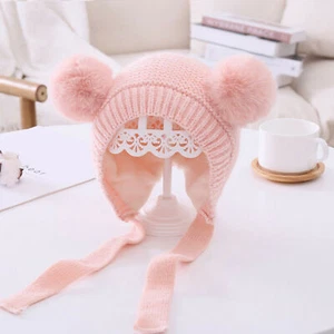 Sombrero de bebé cálido de invierno Lindo sombrero de oreja de pompompón doble - Imagen 1 de 4