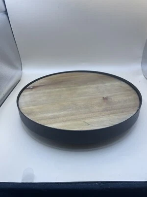 Wood Lazy Susan With Black Metal Band 10” Dia Farmhouse Rustic Kitchen Decor - Image 1 of 4